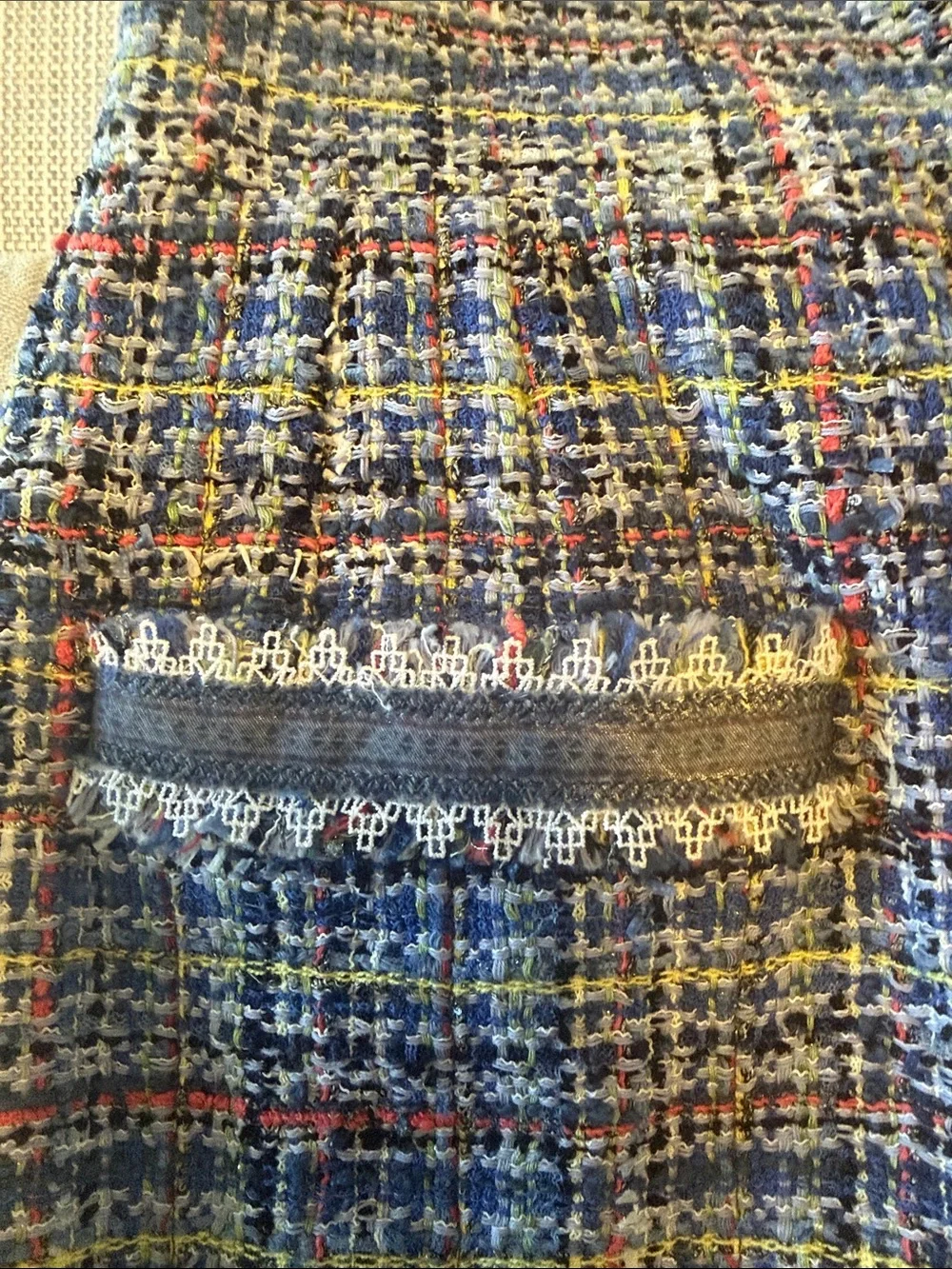 CHANEL Blue Multicolor Tweed Pencil Skirt with Fringed Trim